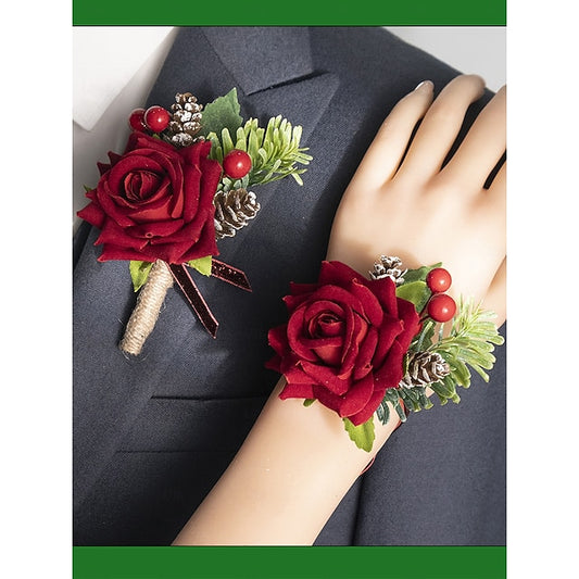 Christmas and Corsage Women's Boutonniere Rose Set Red