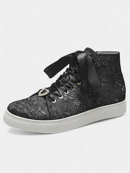 Lace Sneakers Wedding Women's Satin Laces with Ribbon Ivory
