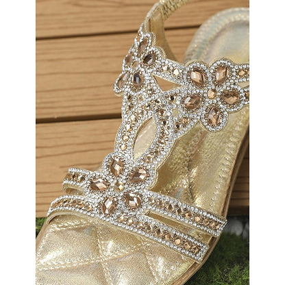 T-Strap Rhinestone Sandals Boho – Flat Women's Silver