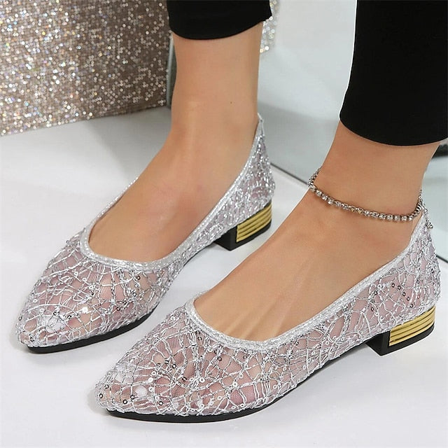 Flats Sequin Silver Ballet – Elegant Mesh Women's