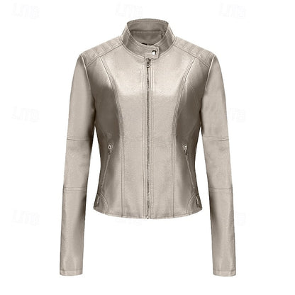 Zipper Jacket Pocket Faux Leather Women's Comfortable