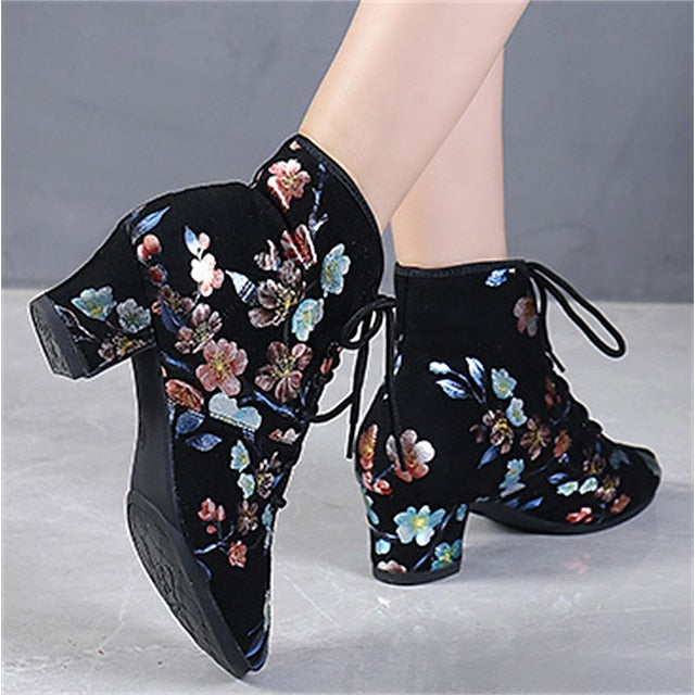 Comfortable Shoes Black – Lace-up Women Low Floral Dance for