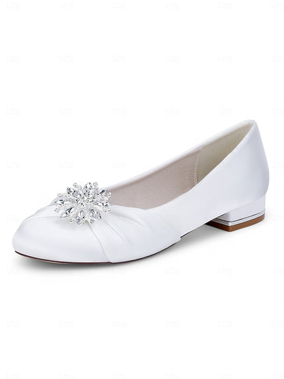 Elegant Wedding White Crystal Satin Flats Women's –