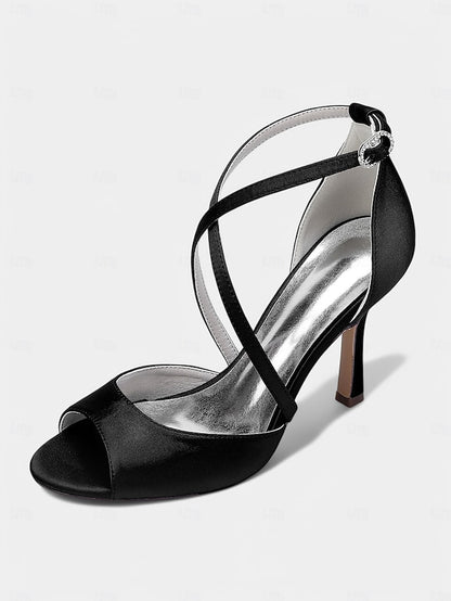 – Heels Peep-Toe Women's Satin Elegant Cross-Strap White