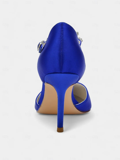 Blue Navy Toe Satin Heels Pointed – Women's T-Strap