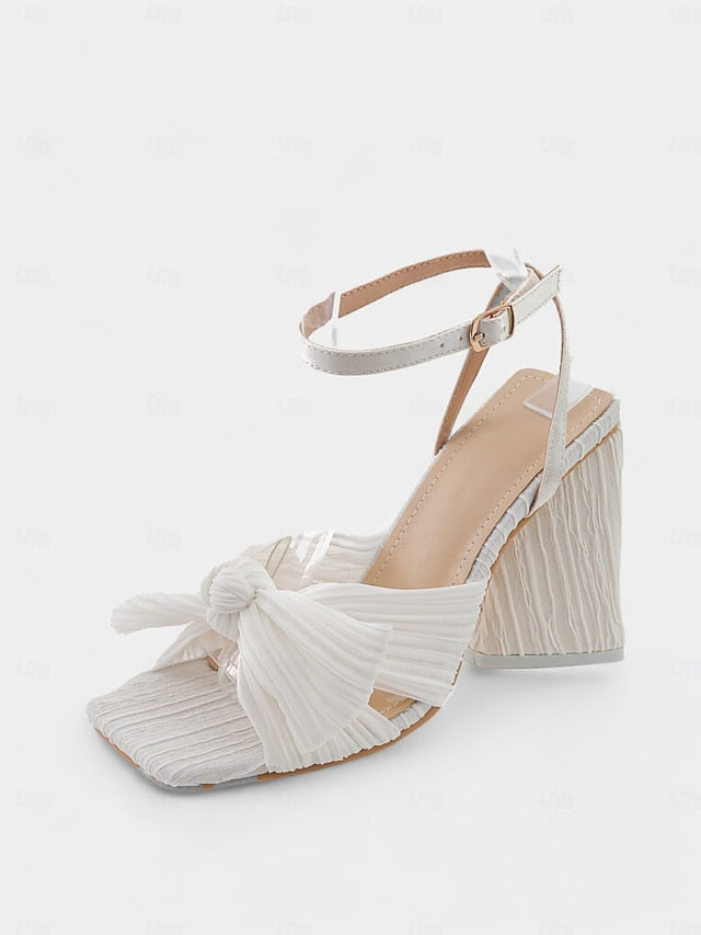 Detail and Rose Block with Heel Gold Knot Textured Sandals