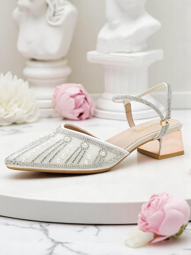 Pointed and Ivory Block Heels Women's Pearl with Toe
