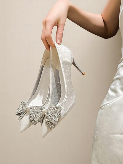 Rhinestone Glitter Heels Women's High with Bow