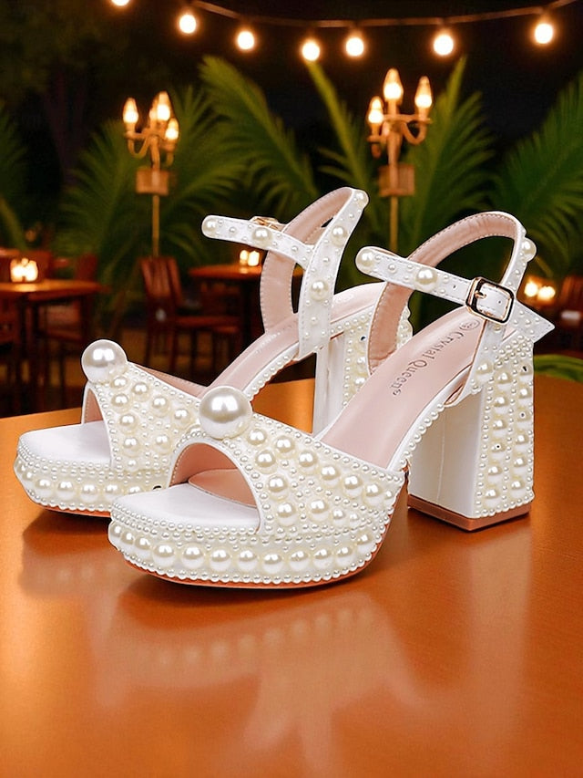 Women's Sandals Embellished Platform Pearl Block Heel White