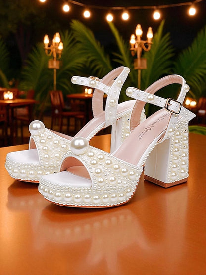 Women's Sandals Embellished Platform Pearl Block Heel White