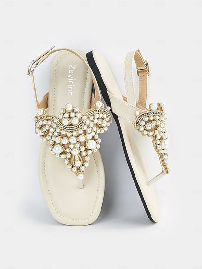 Sandals Pearl-Embellished Flat – T-Strap Women's Elegant