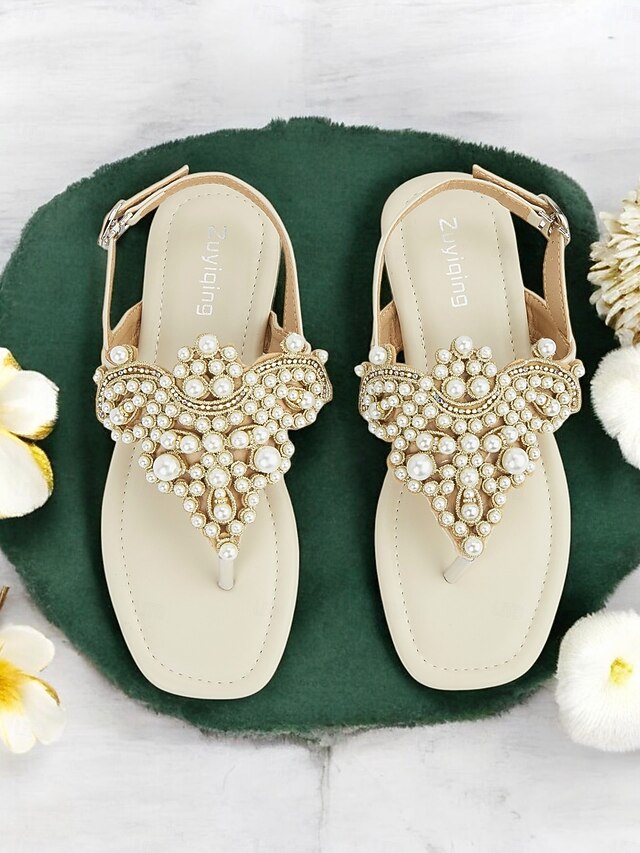 Sandals Pearl-Embellished Flat – T-Strap Women's Elegant