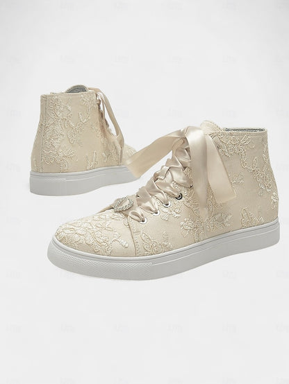 Lace Sneakers Wedding Women's Satin Laces with Ribbon Ivory
