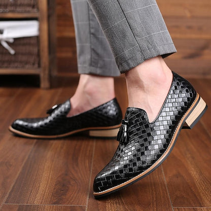 with Tassel Leather Faux Detail Men's Loafers Woven Black