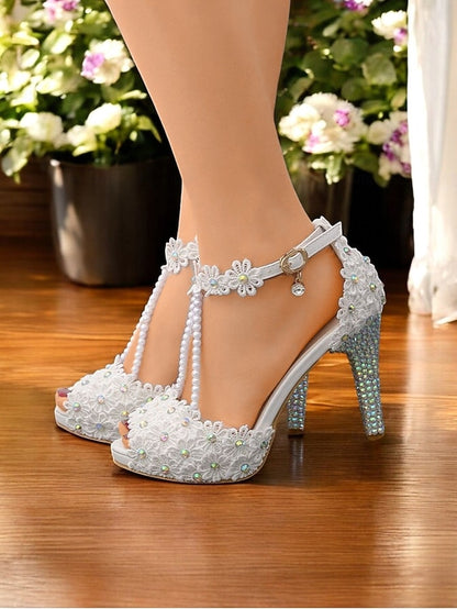 - Sandals Lace Floral T-Strap White Bridal Pearl-Decorated