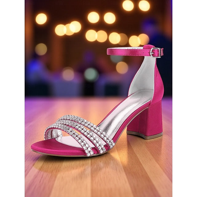 Block Heel Women's Purple Rhinestone Sandals with Satin