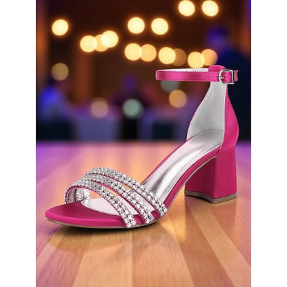 Block Heel Women's Purple Rhinestone Sandals with Satin
