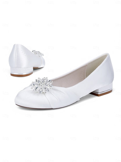 Elegant Wedding White Crystal Satin Flats Women's –