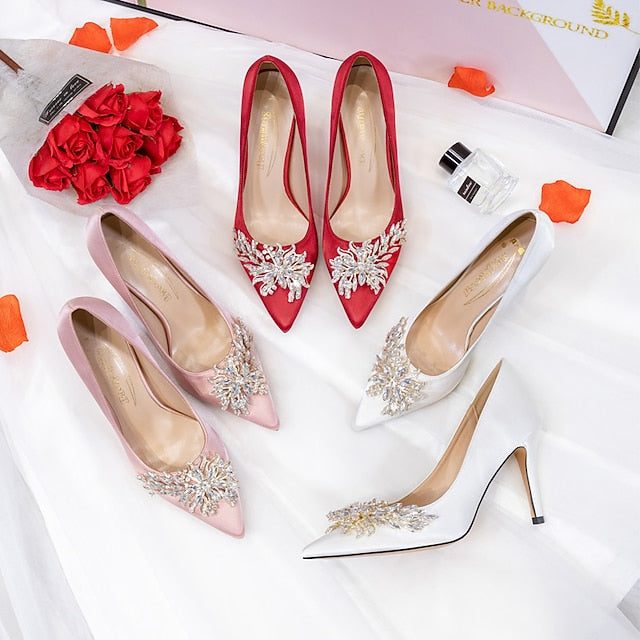 High Women's – Heels Rhinestone Satin Elegant Pink