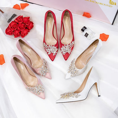 High Women's – Heels Rhinestone Satin Elegant Pink