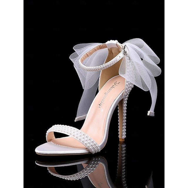 Embellished Heels Bow and Pearl Women's White with Wedding