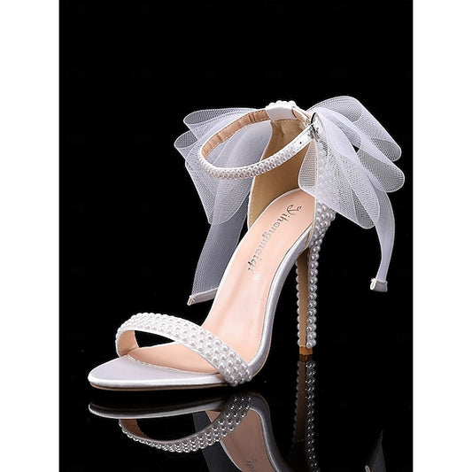 Embellished Heels Bow and Pearl Women's White with Wedding