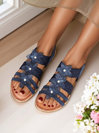 Elegant Rhinestone Flat Floral – Sandals Women's Beige