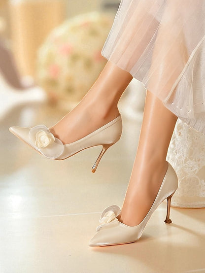 Elegant Satin Pointed Floral - Women's Wedding Ivory Heels