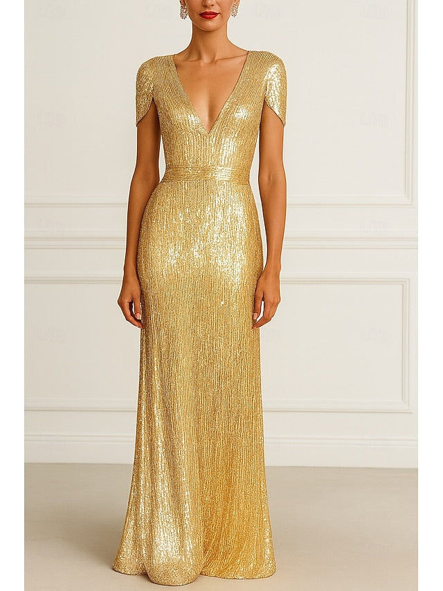 Black Wedding Formal Dress Gold Evening Gown Elegant Column