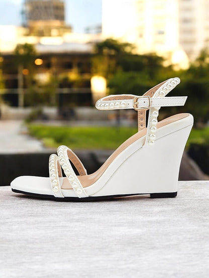 Women's Heels Elegant Wedge Open-Toe Pearl-Embellished –