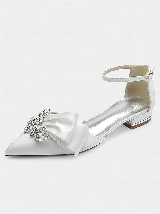 Pointed-Toe White Rhinestone Bow Heels with Ankle Satin and