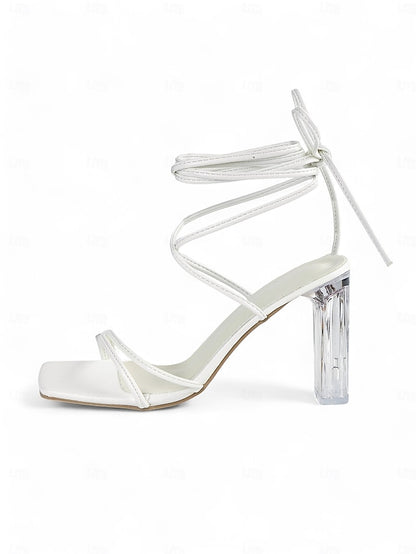 Heel Clear Heels White with Block Women's Lace-Up Strappy