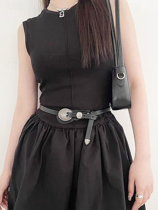 with Belt Waist Faux Leather Carved Women's Western Vintage