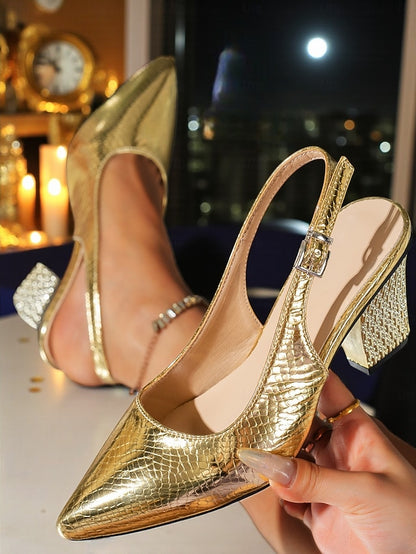 Block - Pointed Gold Pumps Slingback Heel Women's with Toe
