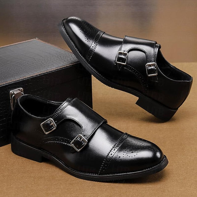 Men's Monk with Strap Brown Double Shoes Faux Leather
