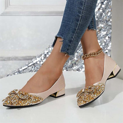 Rhinestone Elegant Women's Bow with - Glitter Detail Flats