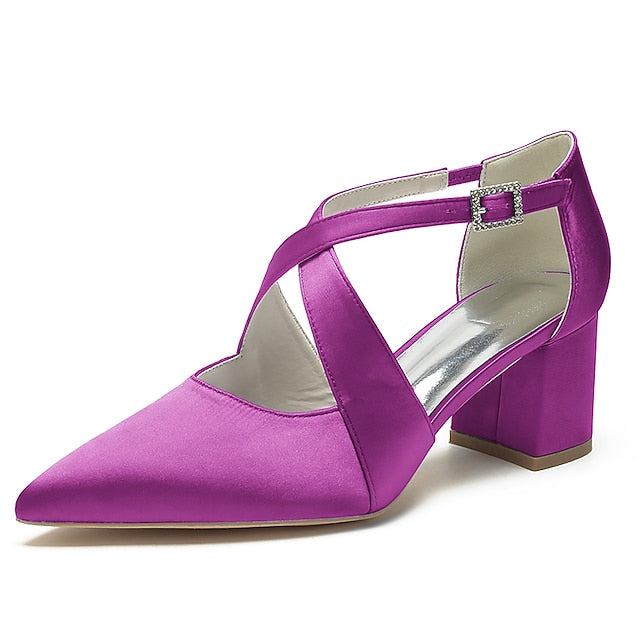 Elegant Block White Pointed Women's – Heels Satin Toe