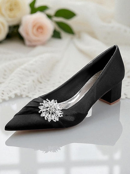 Women's Crystal Heel Pumps Block Low with White