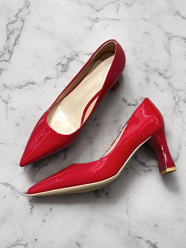 Leather Block Heel Glossy Pointed-Toe Pumps Green Patent Faux