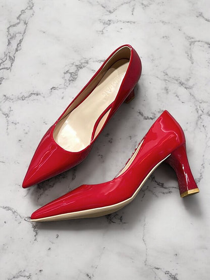 Leather Block Heel Glossy Pointed-Toe Pumps Green Patent Faux