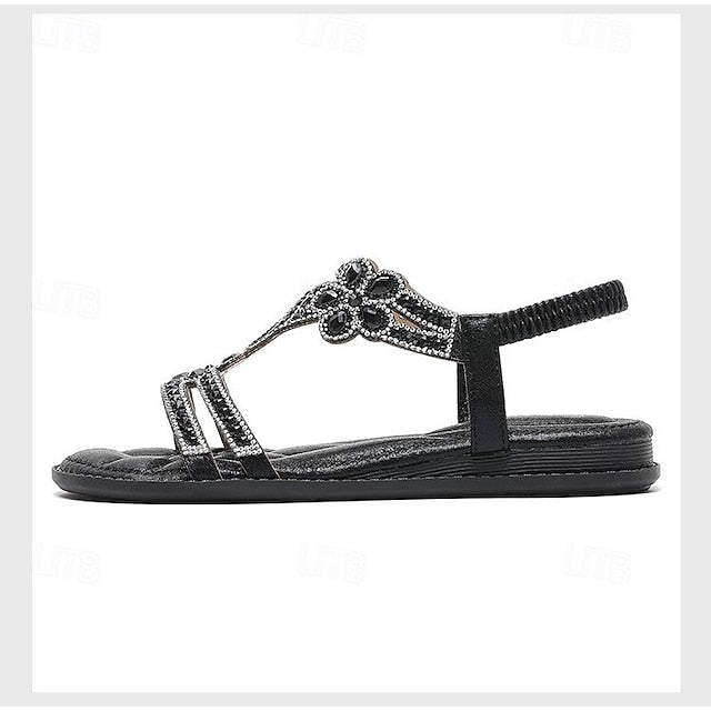 T-Strap Rhinestone Sandals Boho – Flat Women's Silver