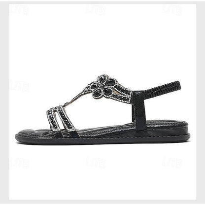 T-Strap Rhinestone Sandals Boho – Flat Women's Silver