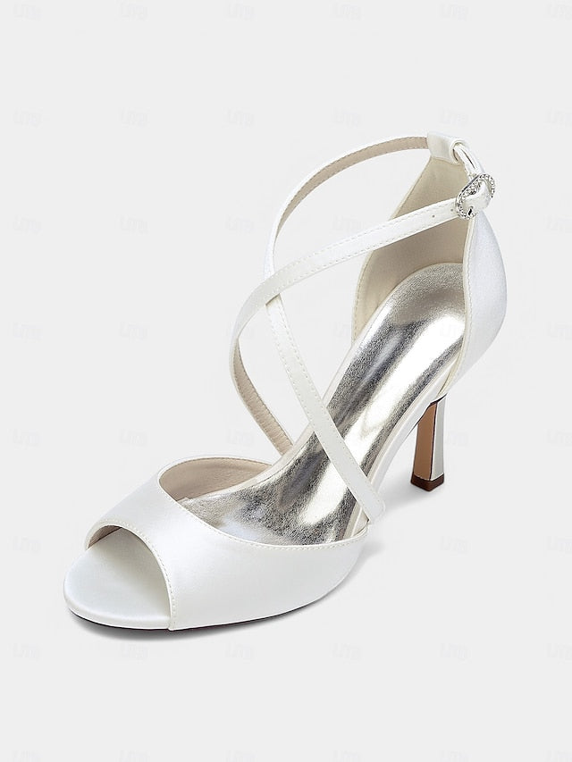 – Heels Peep-Toe Women's Satin Elegant Cross-Strap White