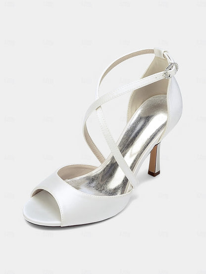 – Heels Peep-Toe Women's Satin Elegant Cross-Strap White