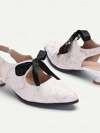 Bow Heels Vintage with - Elegant Slingback Lace Women's