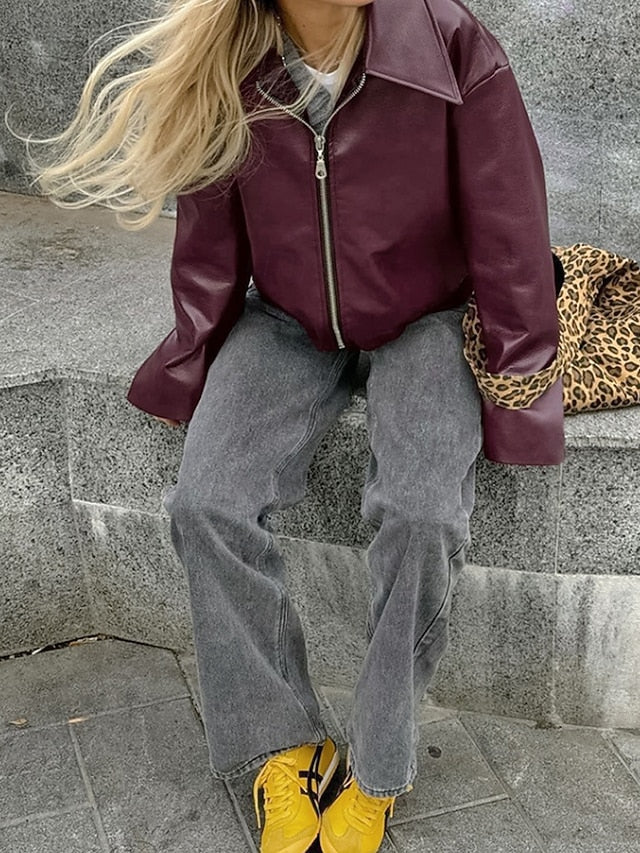 Leather Women's Warm Pocket Faux Zipper Comfortable Jacket