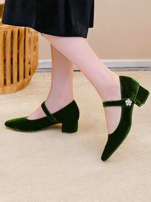 Mary Velvet - Women's Block Toe Square Jane Pumps Green