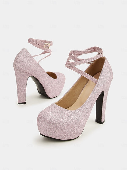 – Heels Platform with Strap Glitter Ankle Pink Women's