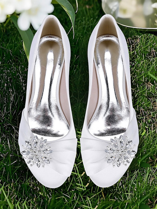 Elegant Wedding White Crystal Satin Flats Women's –
