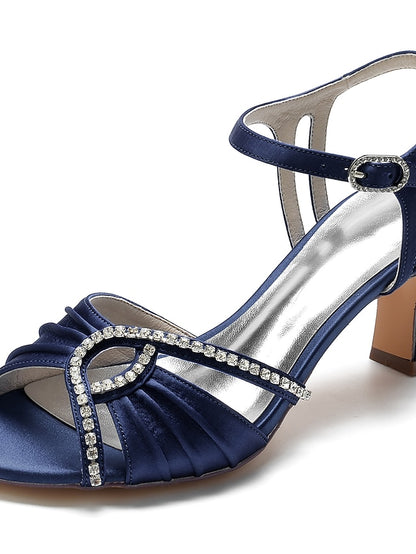Satin – Rhinestone Sandals Blue Heeled Navy Women's